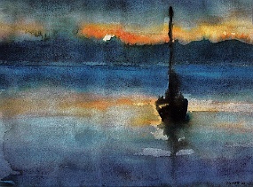 Gerhard Elsner Boot vor Sonneuntergang, 1996, Aquarell, 69 x 23 cm