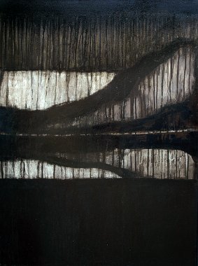 Gerhard Elsner Dunkle Landschaft, 2005, Acryl, Tusche, Firnis auf Leinwand, 80 x 60 cm